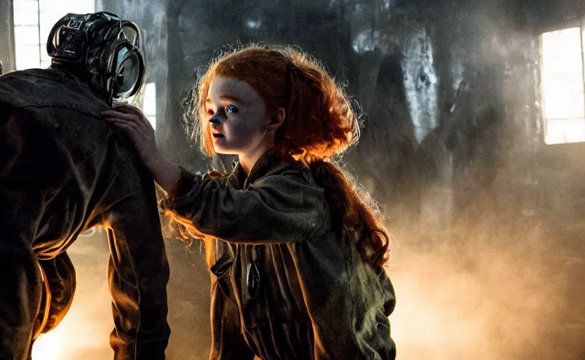 Prompt: scary machine monster grabs sadie sink dressed as a miner : a scifi cyberpunk film from 1 9 8 0 s. by steven spielberg and james cameron. low grain film stock. sharp focus, moody cinematic atmosphere, detailed and intricate environment