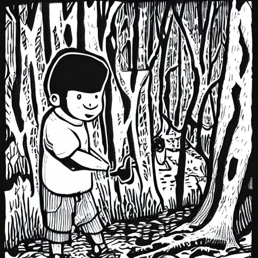 Image similar to mcbess illustration of a little boy with a blue backpack in a forest