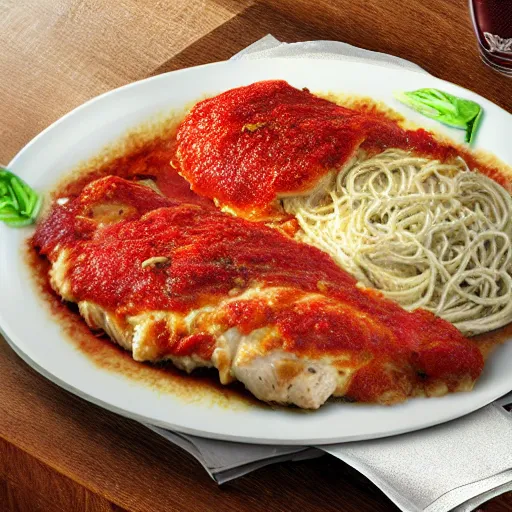 Image similar to chicken parmesan, 4k. photorealistic, awesome,