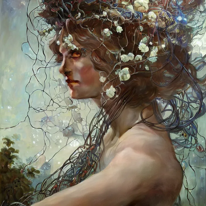 Image similar to hyperrealist portrait of a 2 0 4 4 space sport engineer, it is decorated with long wires and white petals that fall like vines and wears a huge computer crown. by jeremy mann and alphonse mucha, fantasy art, photo realistic, dynamic lighting, artstation, poster, volumetric lighting, dramatic light, very detailed faces, 8 k, award winning