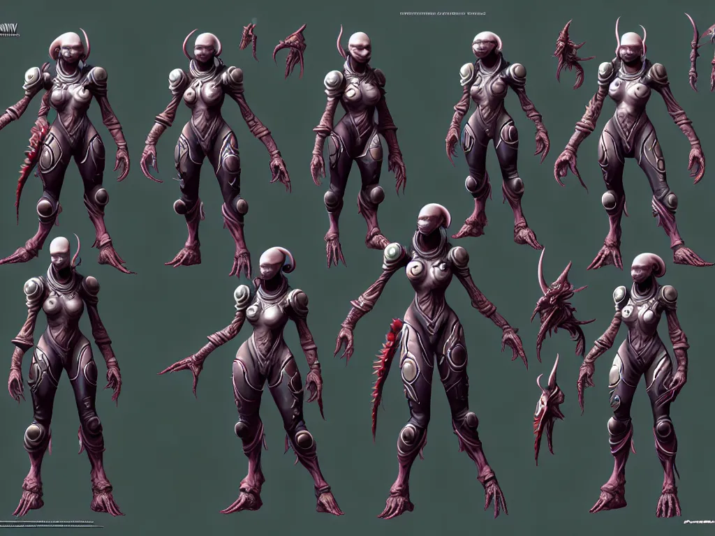 Prompt: highly detailed moba artstation character design sheet for a group of sci - fi alien soldier, hethe srodawa, moebius,, dark fantastic, game assets, unreal engine, unity, concept art