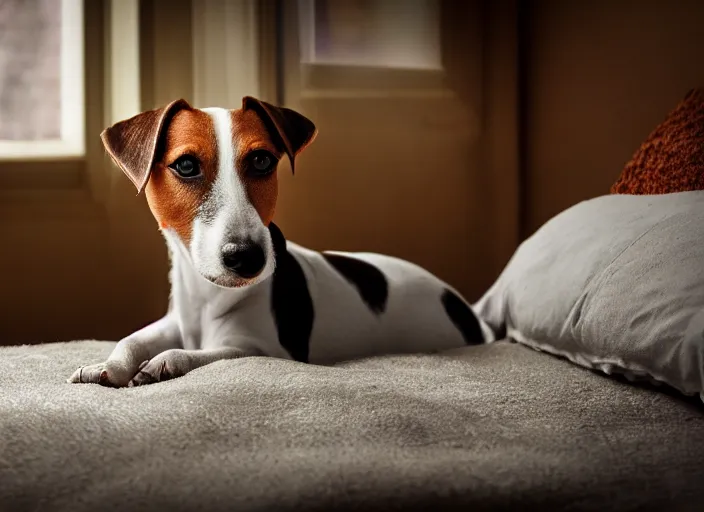 Image similar to photography of a Jack Russel . watching outside the window. on a bed. in a vintage room.,volumetric light, photorealistic,, award winning photo, 100mm, sharp, high res
