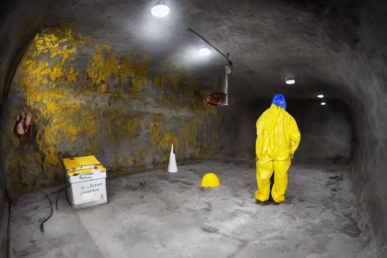 Image similar to a giant drippy meat monster grows out of control in a creepy bunker science lab asa single man in a yellow hazmat suit looks on helplessly