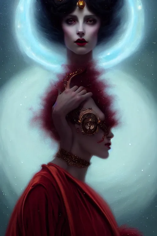 Image similar to Nocturne, glowing, stars, a portrait of a beautiful female shadow djinn creature with long fur collar, highly detailed, mysterious, ethereal, dressed in red velvet, haute couture, illustration, dramatic lighting, soft details, painting, by Edmund Blair Leighton, Brom, Charlie Bowater, trending on artstation, faces by Tom Bagshaw, otto schmidt