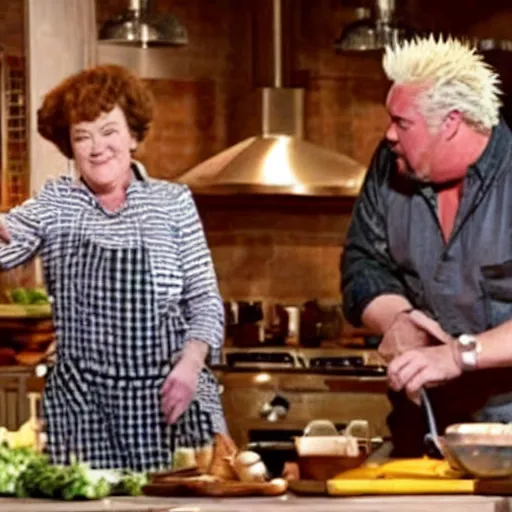 Image similar to movie still of julia child and guy fieri cooking show