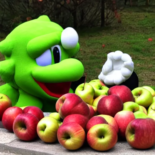 Prompt: yoshi eating a giant pile of apples