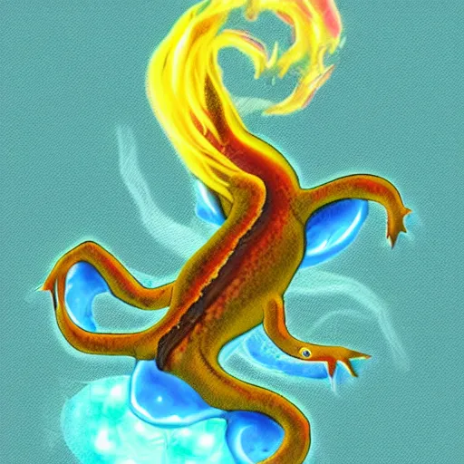 Prompt: cute salamander, fire om back, pet, mythical creature, digital art