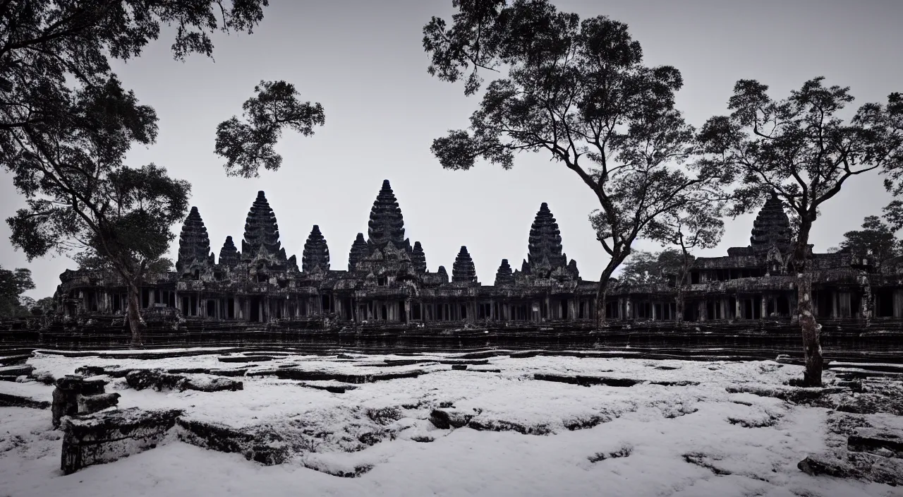 Prompt: Angkor Wat ruins covered in snow, dramatic dawn cinematic lighting, hyper photorealistic, close detail, interior,
