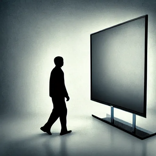 Image similar to a man walking into a static television, detailed digital art