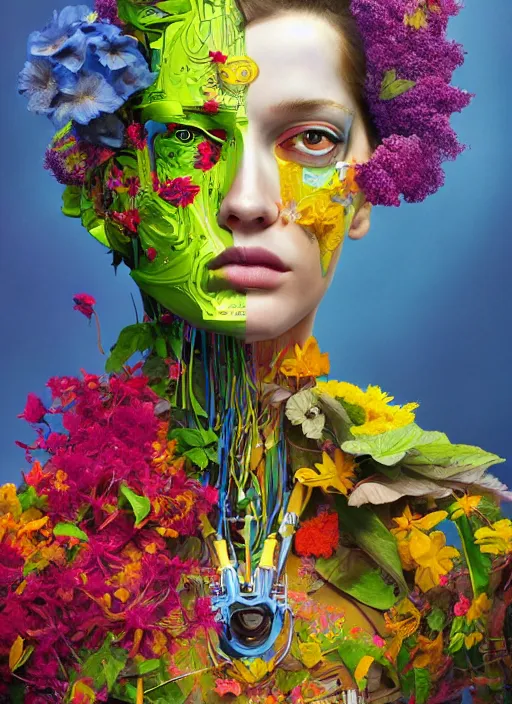 Prompt: a colorful and vibrant and provenance fine art portrait photo of a robot female cyborg, spread out curly hair covered by hibiscus, daffodils, hydrangea, montsera leaves by tom bagshaw and zach sutton, very detailed, bionic, cybernetic scifi, artstation, 8 k, holographic undertones, highly saturated colors