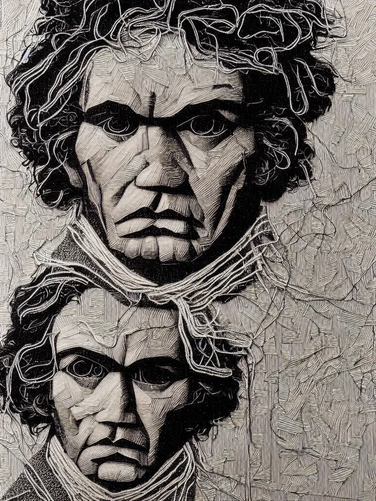 Prompt: a detailed wire art portrait of writer beethoven, inspired by the work of egon schiele.