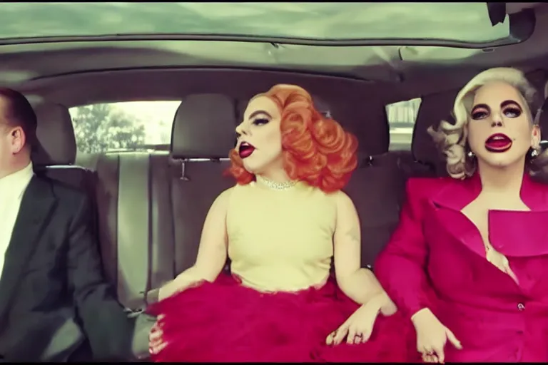 Image similar to lady gaga and judy garland doing carpool karaoke, lady gaga and judy garland, carpool karaoke, lady gaga, judy garland, carpool karaoke, youtube video screenshot, the late late show with james corden, higly realistic, high resolution, dashcam