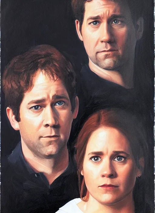 Image similar to portrait painting of jim halpert and pam beesly, dark background, in the style of caravaggio