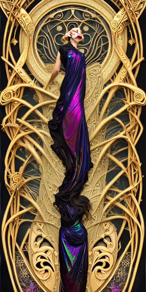 Image similar to the source of future growth dramatic, elaborate emotive Art Nouveau styles to emphasise beauty as a transcendental, seamless pattern, symmetrical, large motifs, 8k image, supersharp, medallions, iridescent black and rainbow colors with gold accents, perfect symmetry, pearlescent, High Definition, sci-fi, Octane render in Maya and Houdini, light, shadows, reflections, photorealistic, masterpiece, smooth gradients, high contrast, 3D, no blur, sharp focus, photorealistic, insanely detailed and intricate, cinematic lighting, Octane render, epic scene, 8K