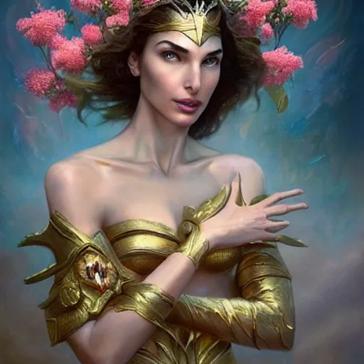 Prompt: fine art photo of the beauty goddess gal gadot, she has a crown of mesmerizing flowers, she is arriving heaven, by peter mohrbacher