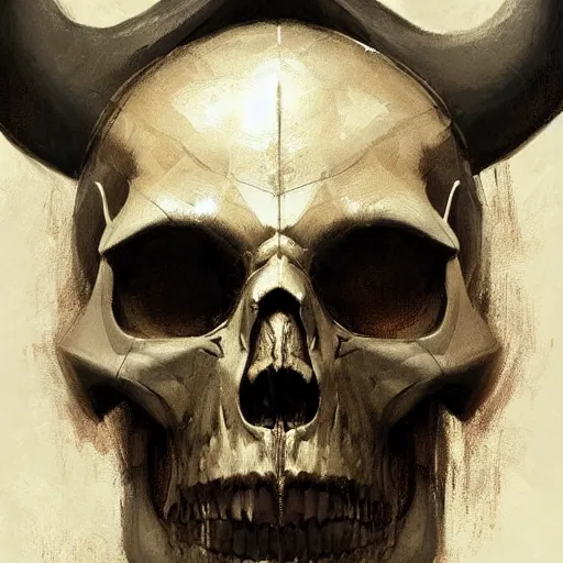 Image similar to a beautiful artwork portrait of a viking skull with horns study by greg rutkowski , featured on artstation, norse mythology, valhalla