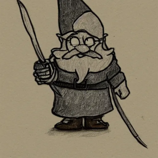 Prompt: poorly drawn pencil sketch of a gnome dressed in leather holding a slingshot and with a determined look.