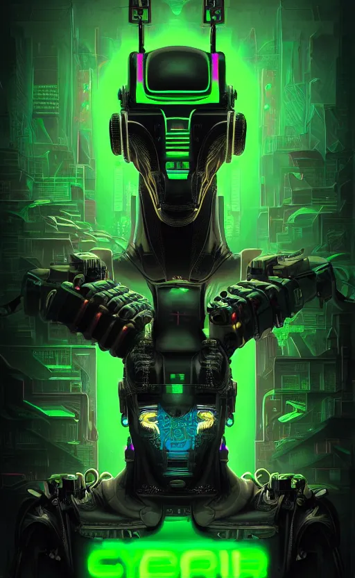 Image similar to poster style, a beautiful and terrifying painting with high details a digital portrait of cyber anubis with robotic jackal head in style of green neon, cyber noir, movie atmosphere, movie lights, 8 k, light effect, rtx on, trending on artstation, by kilian eng, lee madgwick, bastien lecouffe - deharme