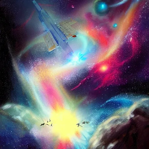 Image similar to a concept art painting of a space van flying in front of a nebula