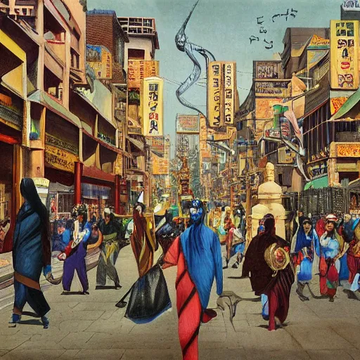 Image similar to art deco streets of the Undying Empire city of ya-Sattra during the Festival of Masks, award-winning realistic painting by Beszinski, Bruegel, and Yoshitaka Amano