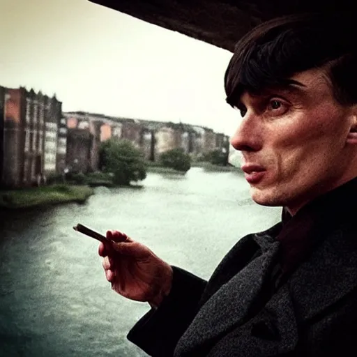 Image similar to “thomas shelby from peaky blinders, smoking a cigarrette and looking at the river”