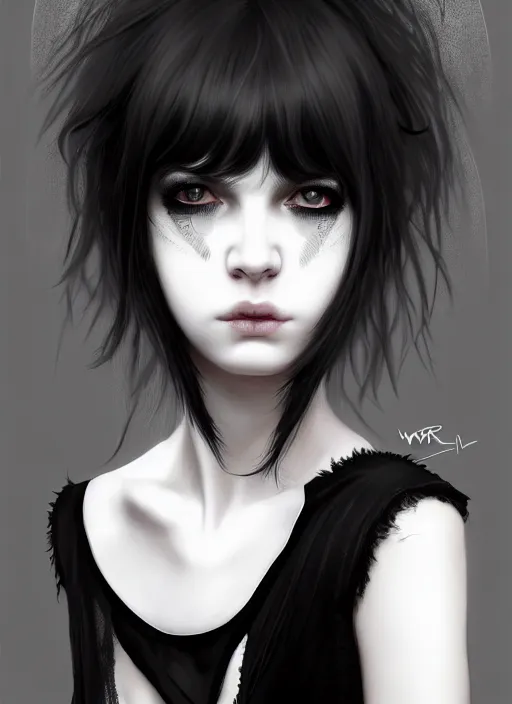 Image similar to portrait of white teenage girl, normal face, black bangs, mall goth, cyberlox, black and white hair, bangs, fluffy bangs, intricate, elegant, highly detailed, digital painting, artstation, concept art, sharp focus, smooth, illustration, art by wlop, mars ravelo and greg rutkowski