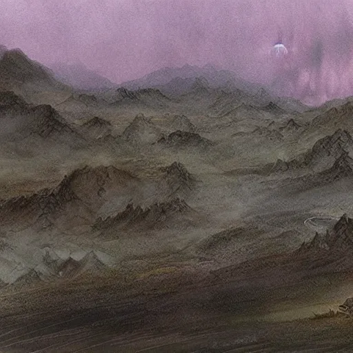 Prompt: Artwork by John Howe of the cinematic view of Xu, a dark planet of dark timberlands, windy scrublands, and mystic valleys, beneath heavy pink clouds.