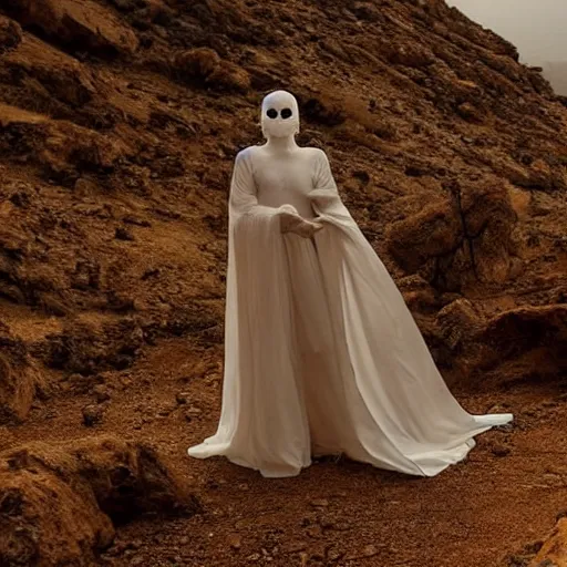 Image similar to The full body shot of beautiful pale woman with white flowers and full-face golden mask in a rocky desert landscape, multiple eyes by Denis Villeneuve, Lubezki, Gaspar Noe and Christopher Doyle, anamorphic lens, anamorphic lens flares, kodakchrome, cinematic composition, practical effects, award winning photo, 8k