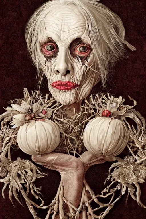 Image similar to Detailed maximalist portrait of a beautiful old woman with large lips and eyes, scared expression, botanical skeletal with extra flesh, HD mixed media, 3D collage, highly detailed and intricate, surreal illustration in the style of Caravaggio, dark art, baroque, centred in image