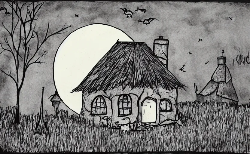 Prompt: a witch's cottage on a lonely hill against a giant moon, color ink on paper