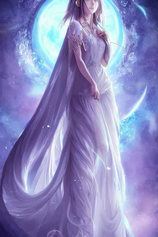 Image similar to anime key visual of a beautiful young moon spirit, wearing the long flowing dress of infinite mystery, intricate, dream realm, stunning, highly detailed, digital painting, artstation, smooth, hard focus, illustration, art by artgerm