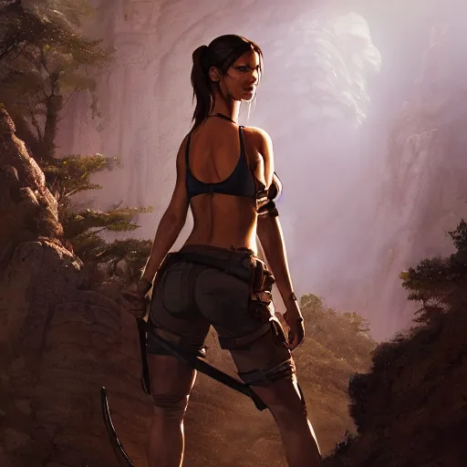 Image similar to a potrait of Emily Ratajkowski as Lara Croft Tomb Raider by Greg Rutkowski, Sung Choi, Mitchell Mohrhauser, Maciej Kuciara, Johnson Ting, Maxim Verehin, Peter Konig, 8k photorealistic, cinematic lighting, HD, high details, dramatic, trending on artstation, full body shot