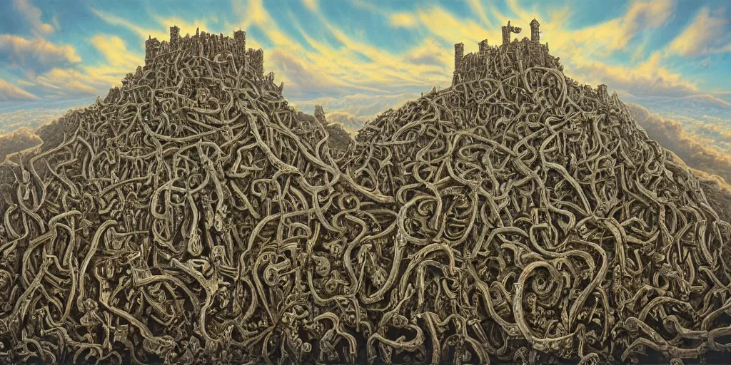 Image similar to build me a castle in the sky, atop a mountain of bones shouted elric of melnibone. by jeffrey smith, oil on canvas