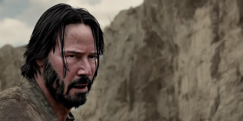 Image similar to old keanu reeves in Logan, cinematic, blood, ultrawide angle
