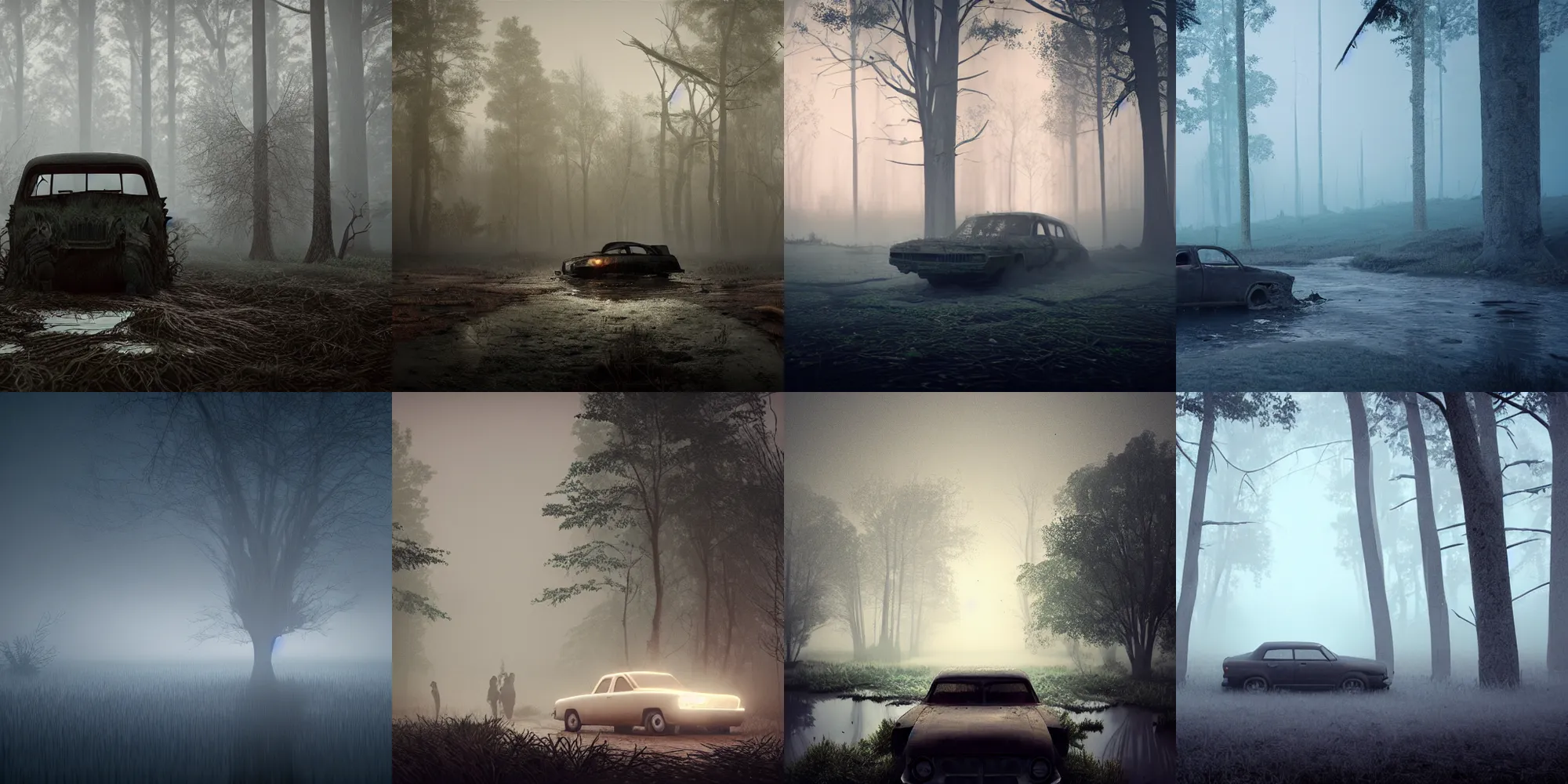 Image similar to beautiful dark creepy foggy swamp landscape, old abandoned car sinking, in the style of beeple and Mike Winkelmann, intricate, epic lighting, cinematic composition, hyper realistic, 8k resolution, unreal engine 5,