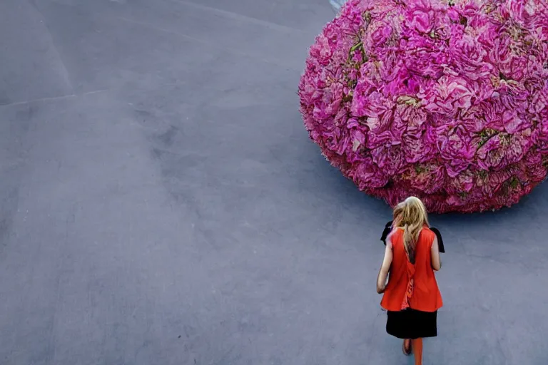 Image similar to giant flower head, girl walking in hotel, surreal, symmetry, flat space, fanciful, stark colours, detailed, wes anderson