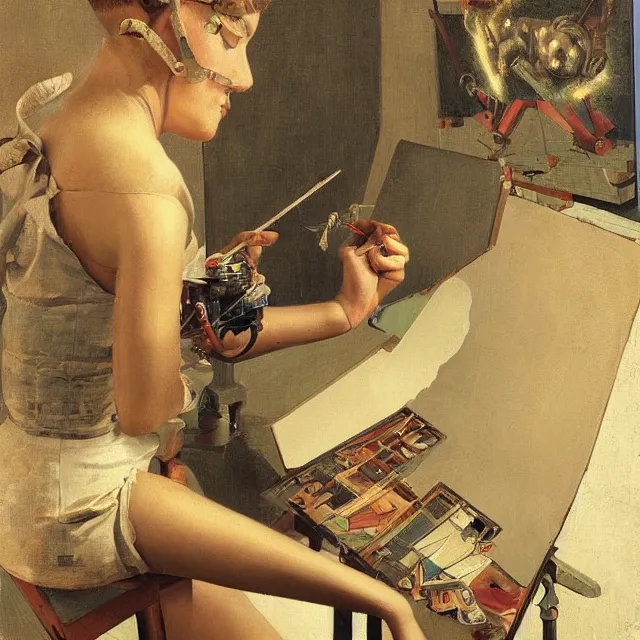 Image similar to robot artist painting a self - portrait on a canvas. intricate, highly detailed, digital matte painting, in the style of hans thoma, and in the style of gil elvgren. irony, recursion, inspiration.