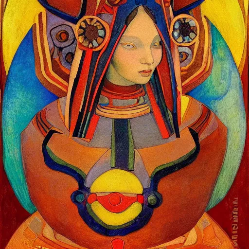 Image similar to the little robot queen in her regalia, by annie swynnerton and diego rivera and nicholas roerich, symbolist, dramatic lighting, elaborate geometric ornament, art brut, smooth, sharp focus, extremely detailed, leo and diane dillon, adolf wolfli, soft pastel colors