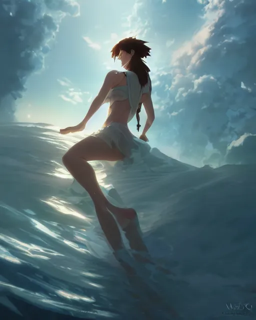 Image similar to goddess creating a tsunami, ambient lighting, detailed face, full body shading, by makoto shinkai, stanley artgerm lau, wlop, rossdraws