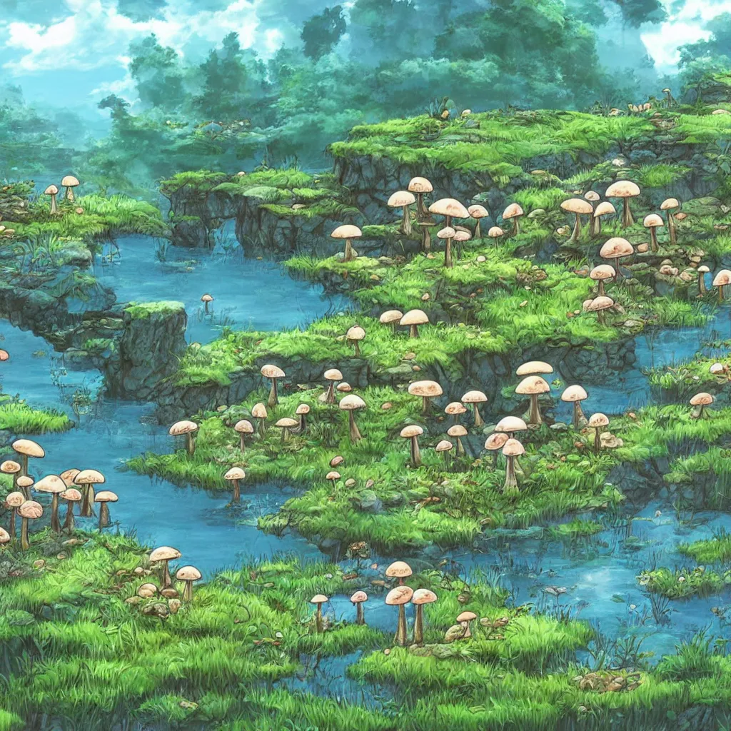 Image similar to a beautiful lake with cute little mushrooms growing around it, fantasy art, 2 d game art, by studio ghibli