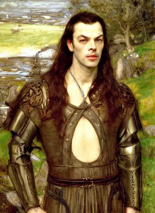 Prompt: a beautiful painting of elrond by John Everett Millais and Dante Gabriel Rossetti and John Collier and john william waterhouse, pre-raphaelite, detailed, trending on artstation, hd, masterpiece