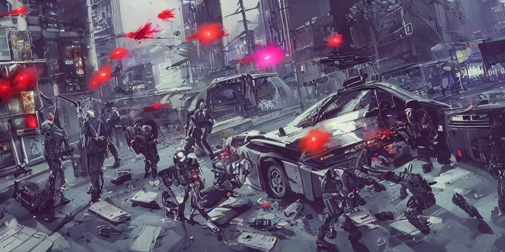 Prompt: 1991 Video Game Concept Art, Anime Neo-tokyo Cyborg bank robbers vs police shootout, bags of money, Police officer hit, Bullet Holes and Blood Splatter, Hostages, Smoke Grenade, Sniper, Chaotic, C4, Cyberpunk, Anime VFX, Machine Gun Fire, Violent, Action, Fire fight, FLCL, Free-fire, Highly Detailed, 8k :4 by Katsuhiro Otomo + Studio Gainax + Arc System Works : 8