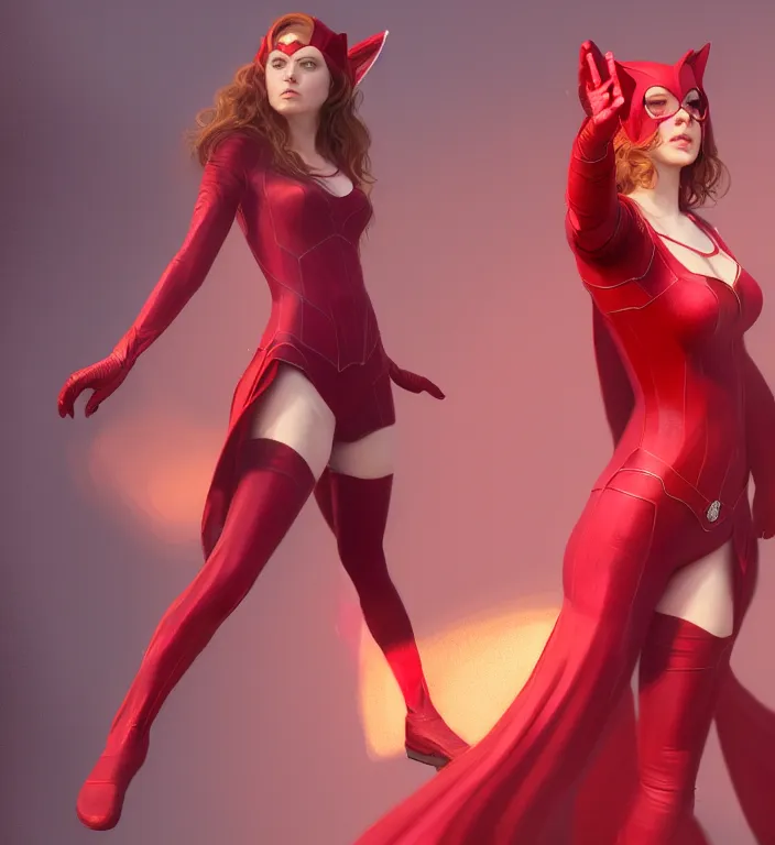 Prompt: Sweetie Fox as Scarlet Witch, portrait, full body, hyper detailed, digital art, trending in artstation, cinematic lighting, studio quality, smooth render, unreal engine 5 rendered, octane rendered, art style by klimt and nixeu and ian sprigger and wlop and krenz cushart