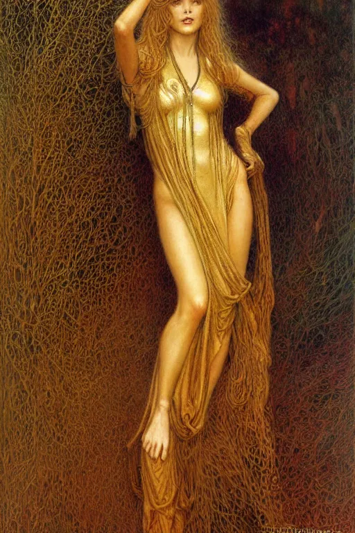 Prompt: portrait of tomboy in golden dress, fantasy, intricate, jean delville, luis royo