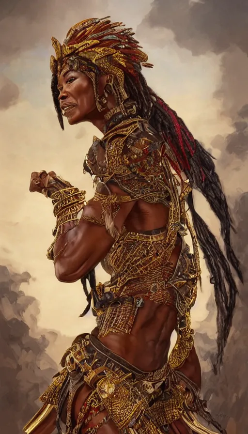 Prompt: angela bassett as a female african warrior, passionate, seductive, sweaty, intricate dressed in ornate traditional african warrior attire, lovely, intricate, confident, strong, symmetrical, highly detailed, digital painting, artstation, concept art, smooth, sharp focus, illustration, unreal engine 5, 8 k, art by artgerm and greg rutkowski and alphonse mucha