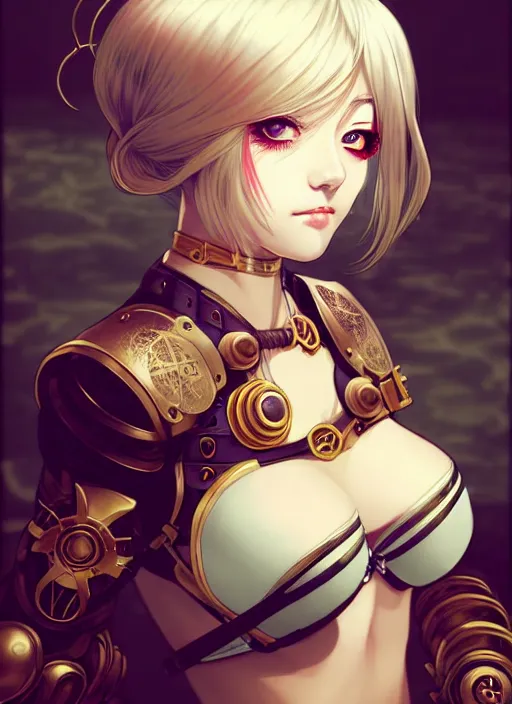 Image similar to portrait Anime girl in steampunk bikini armor, cute-fine-face, white-hair pretty face, realistic shaded Perfect face, fine details. Anime, steampunk, bioshock. realistic shaded lighting by Ilya Kuvshinov and Gustav Klimt