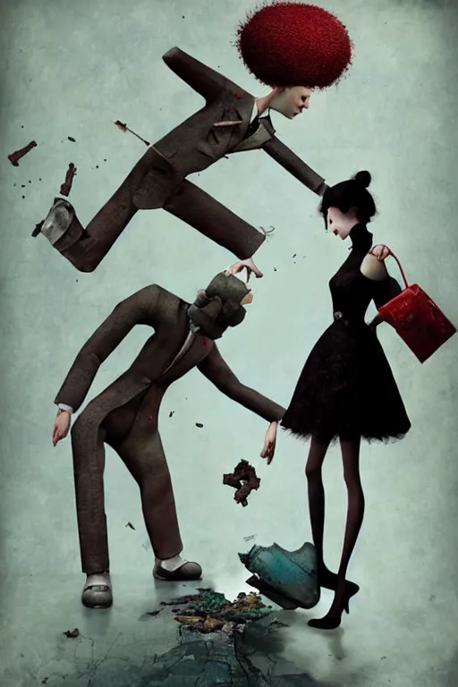 Prompt: man breaking into pieces while a woman tries to hold the fallen parts, surreal, ray caesar
