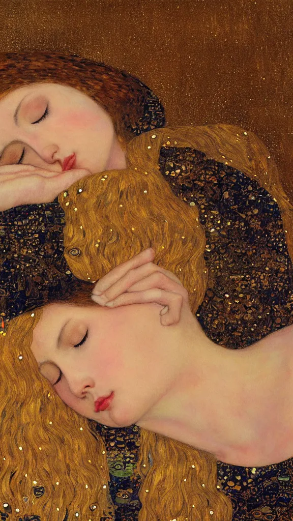 Image similar to a soft and breathtaking detailed painting of a sleeping blonde princess in the style of Gustav Klimt, , shiny gold, elegant, highly detailed, artstation, concept art, matte, sharp focus, art by Gustav Klimt