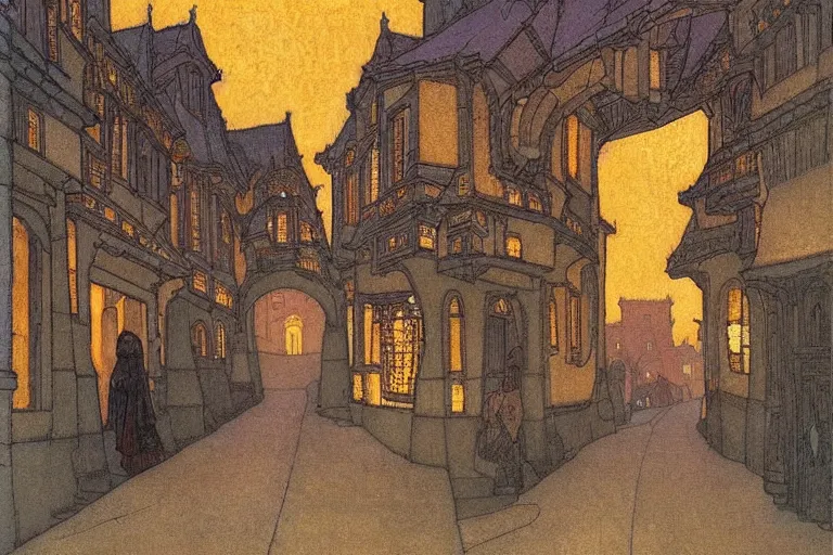 Image similar to winding street at twilight in a very old city by Edmund Dulac and Nicholas Roerich and jean delville, glowing paper lanterns, strong dramatic cinematic lighting , ornate tiled architecture, lost civilizations, smooth, sharp focus, extremely detailed