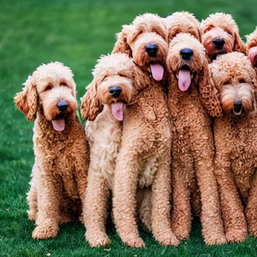 Image similar to a huge pile of 30 golden doodle dogs, photography